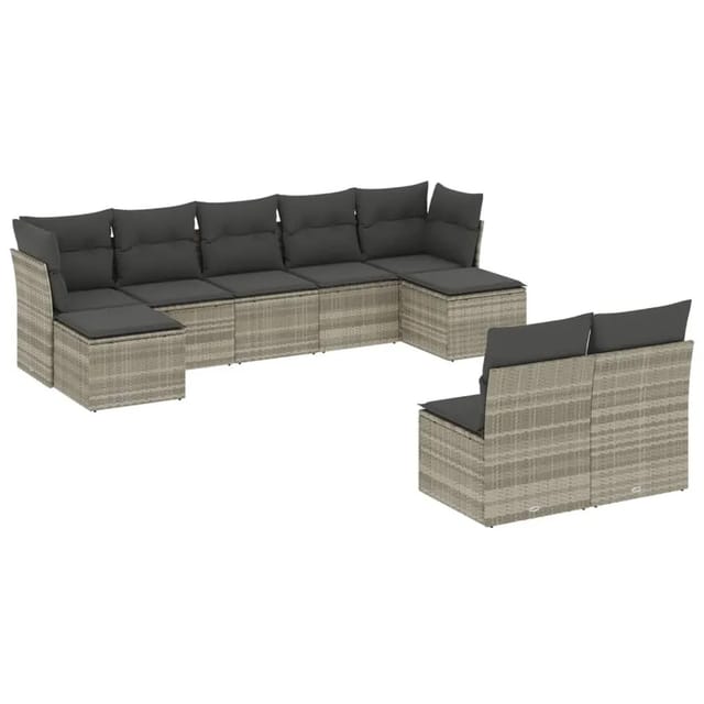 vidaXL 9-Tlg Garten-Sofagarnitur mit Kissen Hellgrau Poly Rattan 3218272