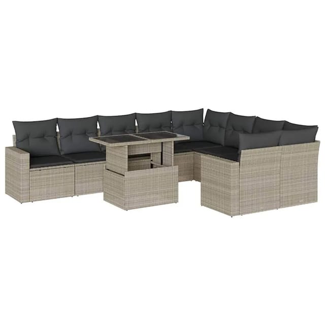 vidaXL 10-Tlg Garten-Sofagarnitur mit Kissen Hellgrau Poly Rattan 3267502