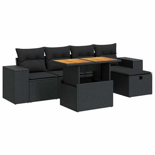 vidaXL 6-Tlg Garten-Sofagarnitur mit Kissen Schwarz Poly Rattan 3328077