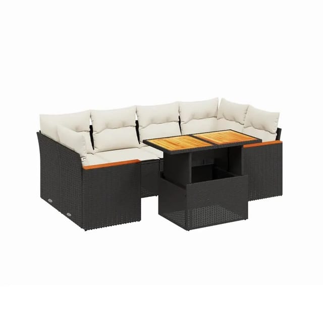 vidaXL 7-Tlg Garten-Sofagarnitur mit Kissen Schwarz Poly Rattan 3272974