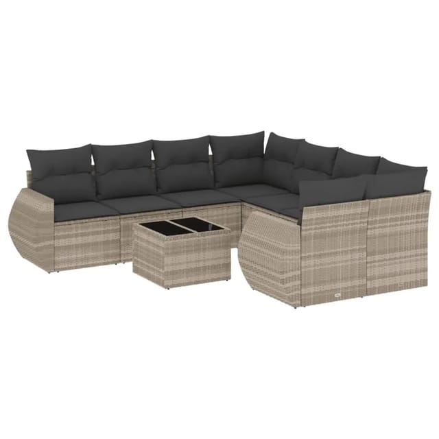 vidaXL 9-Tlg Garten-Sofagarnitur mit Kissen Hellgrau Poly Rattan 3221161