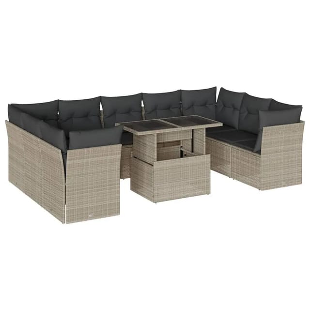 vidaXL 10-Tlg Garten-Sofagarnitur mit Kissen Hellgrau Poly Rattan 3266822