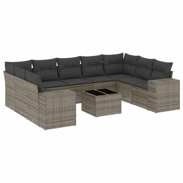 vidaXL 10-Tlg Garten-Sofagarnitur mit Kissen Grau Poly Rattan 3223009