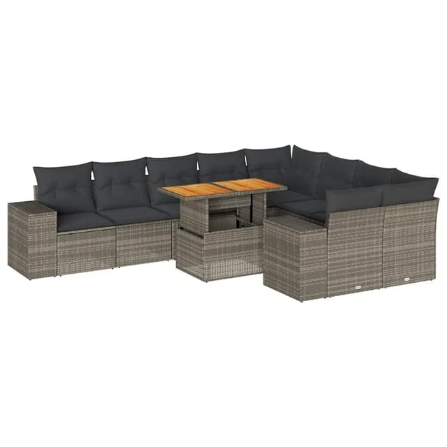 vidaXL 10-Tlg Garten-Sofagarnitur mit Kissen Grau Poly Rattan Akazie 3327420
