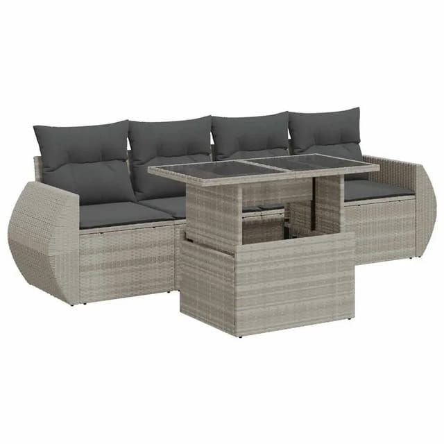 vidaXL 5-Tlg Garten-Sofagarnitur mit Kissen Hellgrau Poly Rattan 3326563