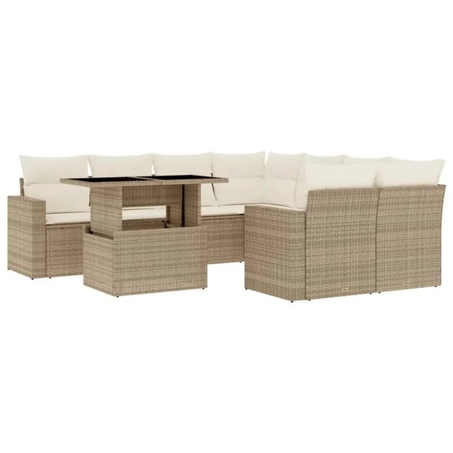 vidaXL 9-Tlg Garten-Sofagarnitur mit Kissen Beige Poly Rattan 3267168