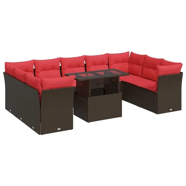 vidaXL 10-Tlg Garten-Sofagarnitur mit Kissen Braun Poly Rattan Akazie 3326225
