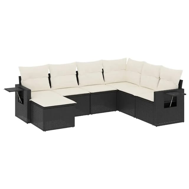 vidaXL 7-Tlg Garten-Sofagarnitur mit Kissen Schwarz Poly Rattan 3252833