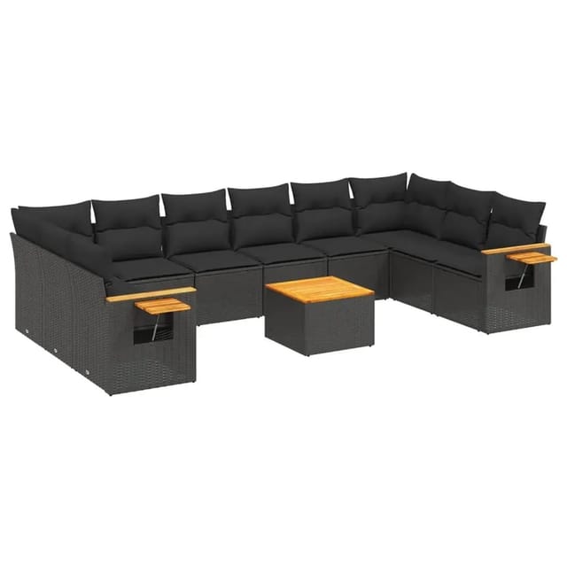 vidaXL 11-Tlg Garten-Sofagarnitur mit Kissen Schwarz Poly Rattan 3259570