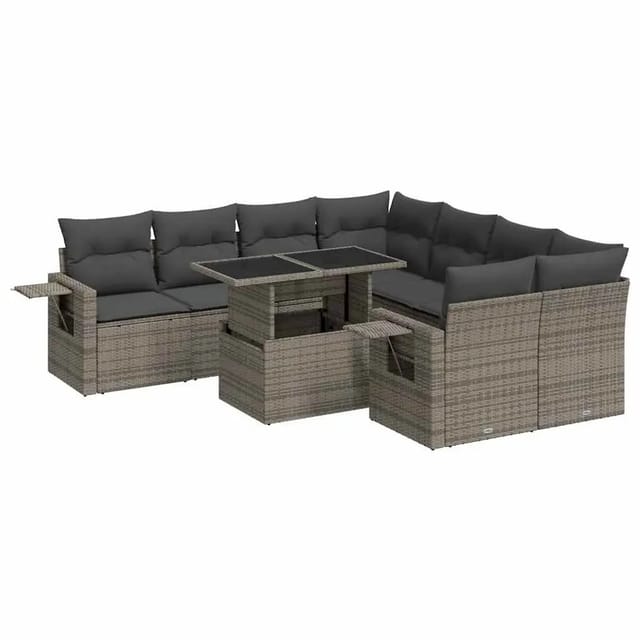 vidaXL 9-Tlg Garten-Sofagarnitur mit Kissen Grau Poly Rattan 3326451