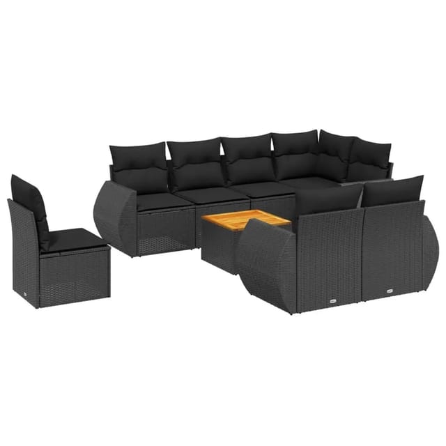 vidaXL 9-Tlg Garten-Sofagarnitur mit Kissen Schwarz Poly Rattan 3225096