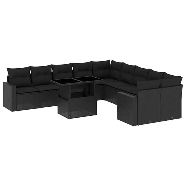 vidaXL 11-Tlg Garten-Sofagarnitur mit Kissen Schwarz Poly Rattan 3267535