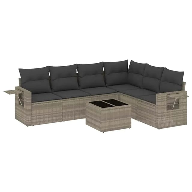 vidaXL 7-Tlg Garten-Sofagarnitur mit Kissen Hellgrau Poly Rattan 3220221