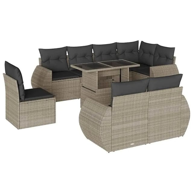 vidaXL 9-Tlg Garten-Sofagarnitur mit Kissen Hellgrau Poly Rattan 3268672