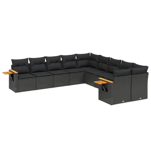 vidaXL 10-Tlg Garten-Sofagarnitur mit Kissen Schwarz Poly Rattan 3227189