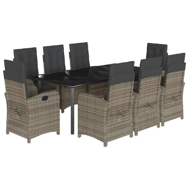 vidaXL 9-Tlg Garten-Essgruppe mit Kissen Grau Poly Rattan 3212368