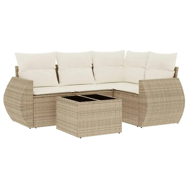 vidaXL 5-Tlg Garten-Sofagarnitur mit Kissen Beige Poly Rattan 3253655