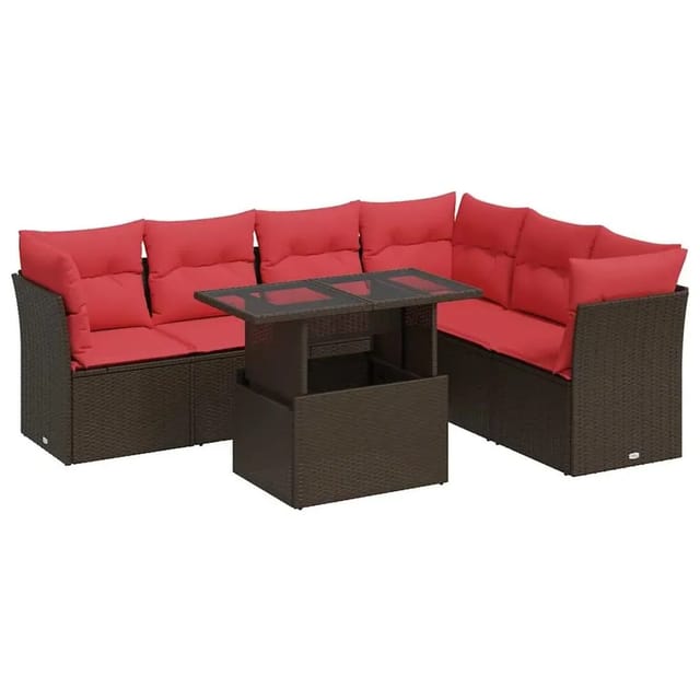 vidaXL 7-Tlg Garten-Sofagarnitur mit Kissen Braun Poly Rattan Akazie 3326175