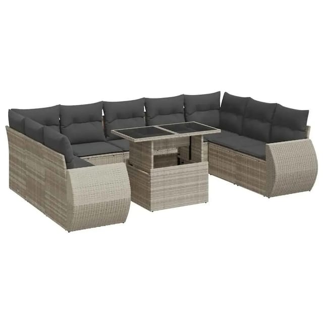 vidaXL 10-Tlg Garten-Sofagarnitur mit Kissen Hellgrau Poly Rattan 3326703