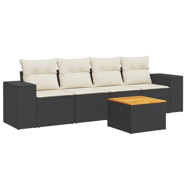 vidaXL 5-Tlg Garten-Sofagarnitur mit Kissen Schwarz Poly Rattan 3257652