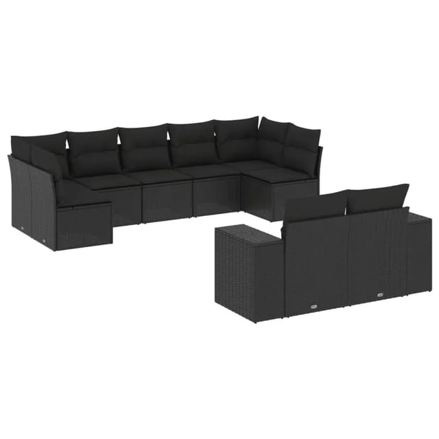 vidaXL 9-Tlg Garten-Sofagarnitur mit Kissen Schwarz Poly Rattan 3255352