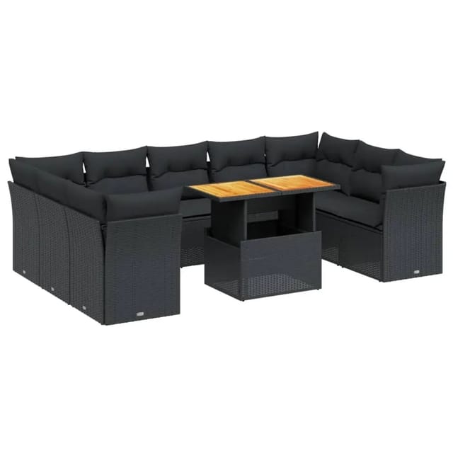 vidaXL 10-Tlg Garten-Sofagarnitur mit Kissen Schwarz Poly Rattan 3270992