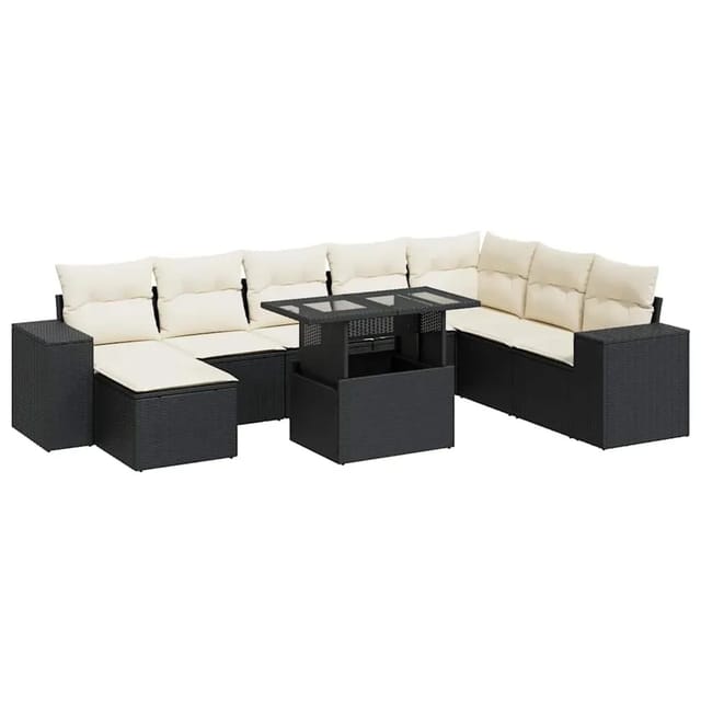 vidaXL 9-Tlg Garten-Sofagarnitur mit Kissen Schwarz Poly Rattan 3326847