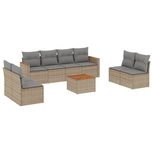 vidaXL 9-Tlg Garten-Sofagarnitur mit Kissen Beige Poly Rattan 3258300