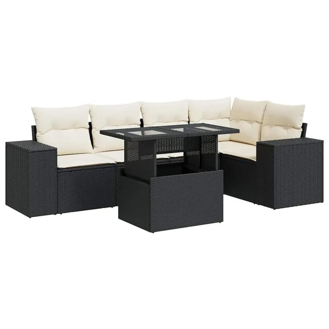 vidaXL 6-Tlg Garten-Sofagarnitur mit Kissen Schwarz Poly Rattan 3326797