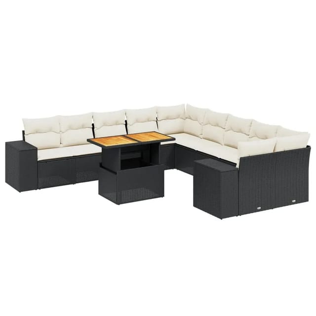 vidaXL 11-Tlg Garten-Sofagarnitur mit Kissen Schwarz Poly Rattan 3272827