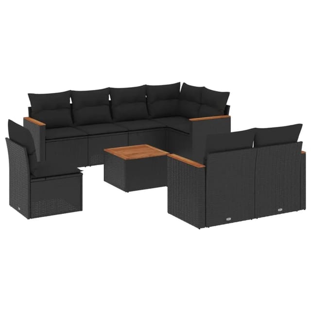 vidaXL 9-Tlg Garten-Sofagarnitur mit Kissen Schwarz Poly Rattan 3258569