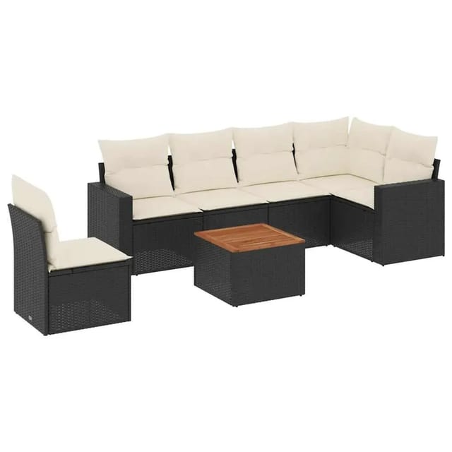 vidaXL 7-Tlg Garten-Sofagarnitur mit Kissen Schwarz Poly Rattan 3256476