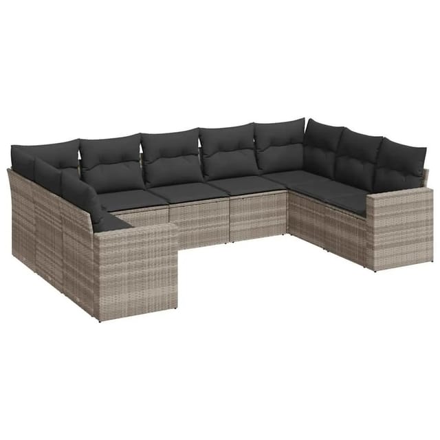 vidaXL 9-Tlg Garten-Sofagarnitur mit Kissen Hellgrau Poly Rattan 3219392
