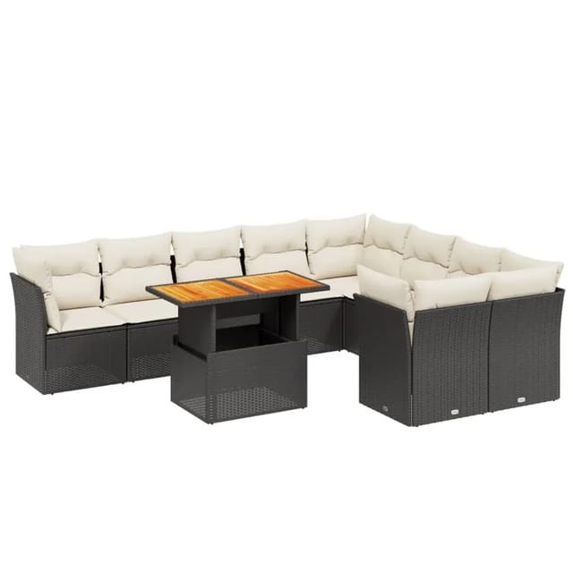 vidaXL 10-Tlg Garten-Sofagarnitur mit Kissen Schwarz Poly Rattan 3271007