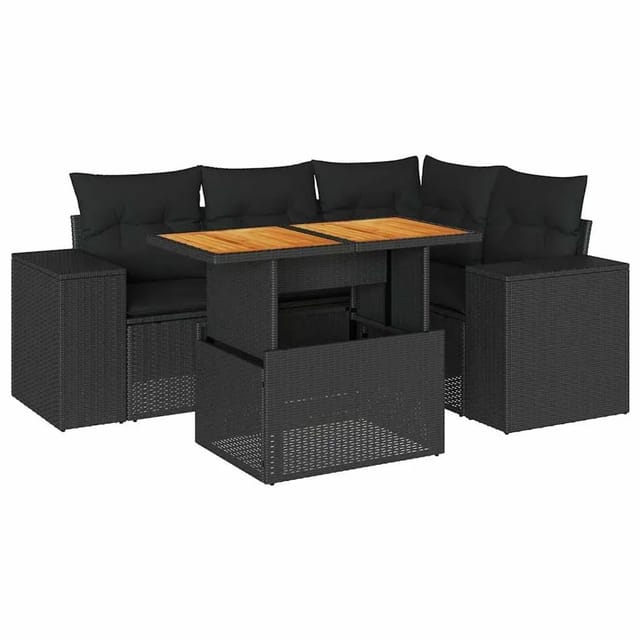 vidaXL 5-Tlg Garten-Sofagarnitur mit Kissen Schwarz Poly Rattan 3327366