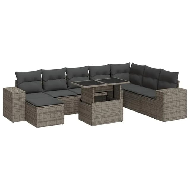 vidaXL 9-Tlg Garten-Sofagarnitur mit Kissen Grau Poly Rattan 3326851