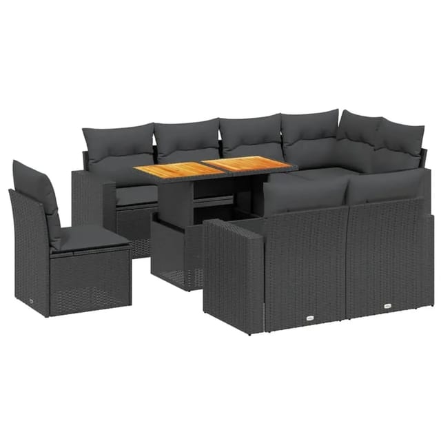 vidaXL 9-Tlg Garten-Sofagarnitur mit Kissen Schwarz Poly Rattan 3271405