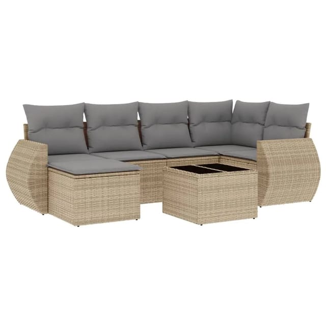 vidaXL 7-Tlg Garten-Sofagarnitur mit Kissen Beige Poly Rattan 3254006