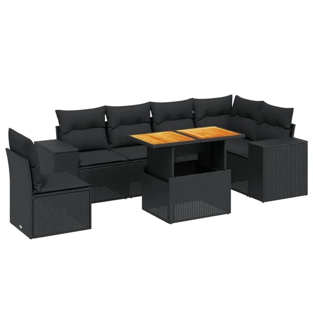 vidaXL 7-Tlg Garten-Sofagarnitur mit Kissen Schwarz Poly Rattan 3272658