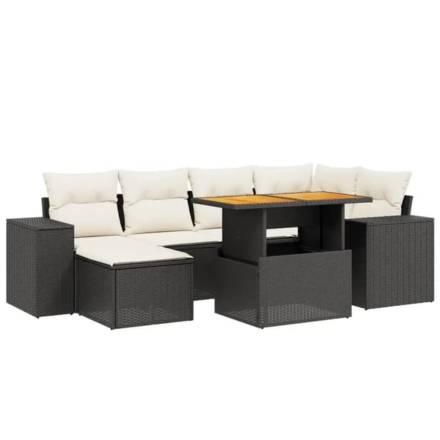 vidaXL 7-Tlg Garten-Sofagarnitur mit Kissen Schwarz Poly Rattan 3275926