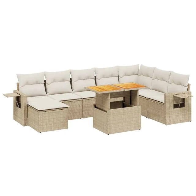 vidaXL 9-Tlg Garten-Sofagarnitur mit Kissen Beige Poly Rattan 3271891