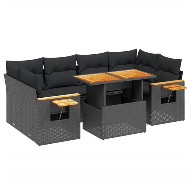 vidaXL 7-Tlg Garten-Sofagarnitur mit Kissen Schwarz Poly Rattan 3273414