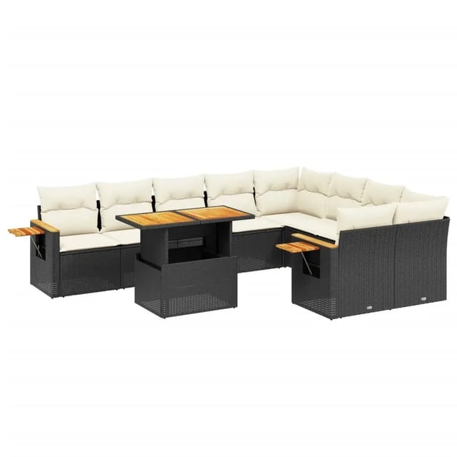 vidaXL 10-Tlg Garten-Sofagarnitur mit Kissen Schwarz Poly Rattan 3273674
