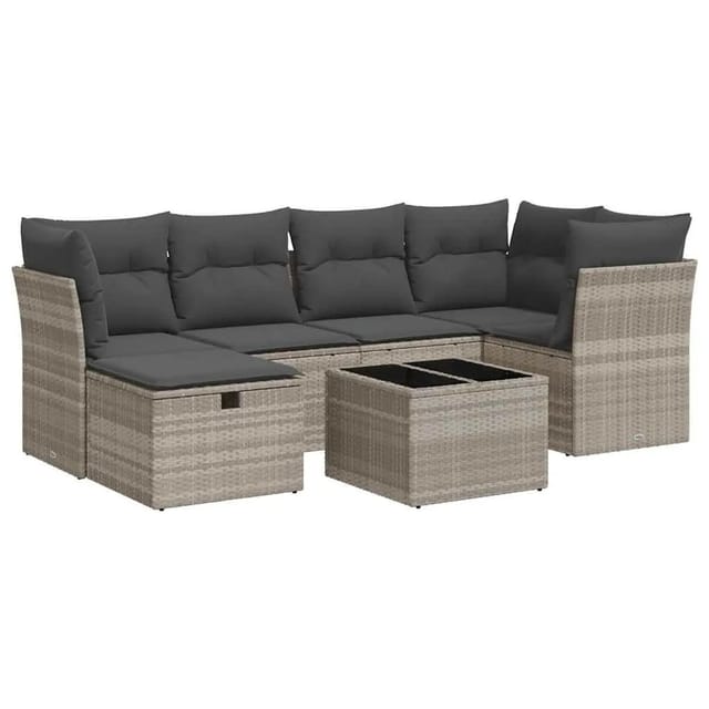 vidaXL 7-Tlg Garten-Sofagarnitur mit Kissen Hellgrau Poly Rattan 3325298