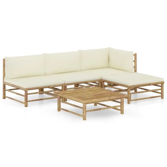 vidaXL 5-Tlg Garten-Lounge-Set mit Cremeweißen Kissen Bambus 3058191