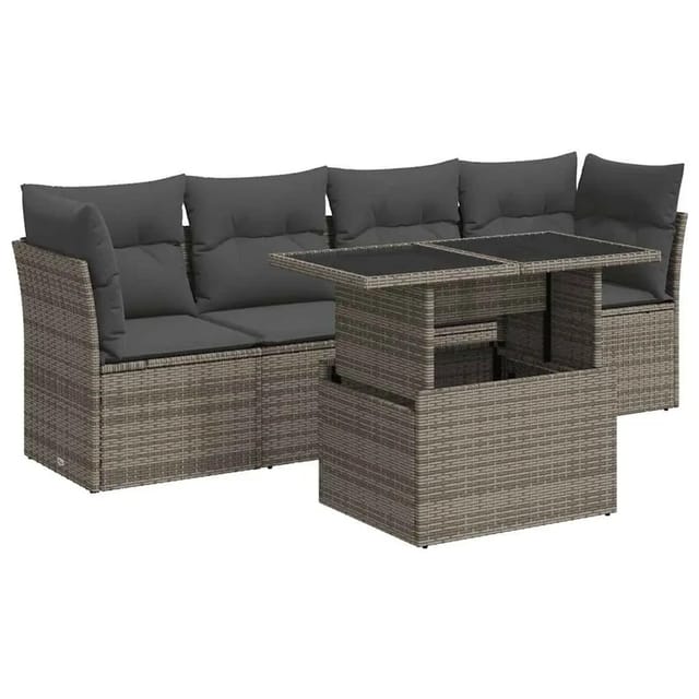 vidaXL 5-Tlg Garten-Sofagarnitur mit Kissen Grau Poly Rattan 3326091