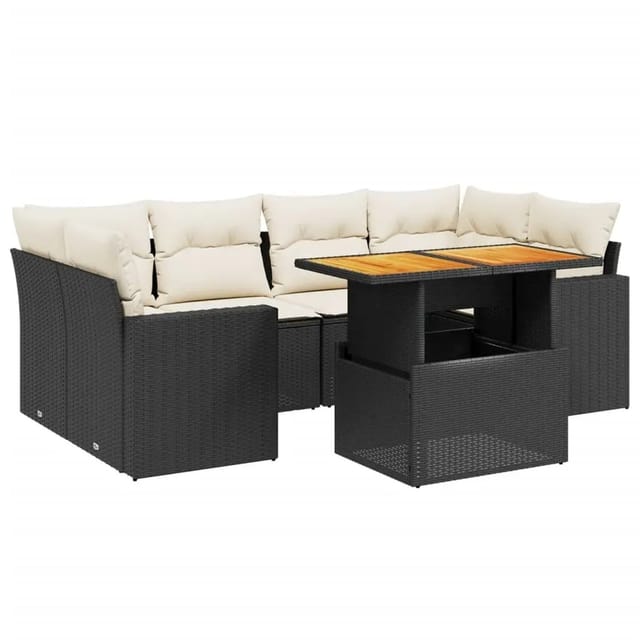 vidaXL 7-Tlg Garten-Sofagarnitur mit Kissen Schwarz Poly Rattan 3271210