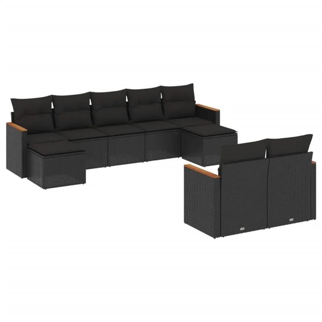 vidaXL 9-Tlg Garten-Sofagarnitur mit Kissen Schwarz Poly Rattan 3226398