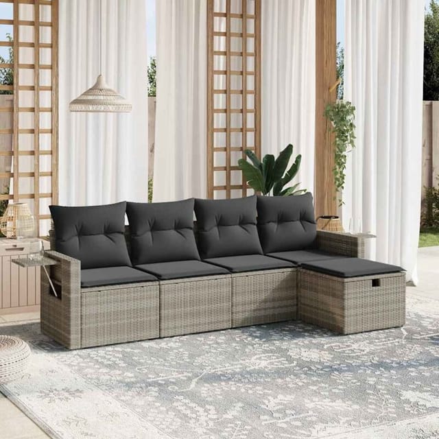 vidaXL 5-Tlg Garten-Sofagarnitur mit Kissen Hellgrau Poly Rattan 3263778