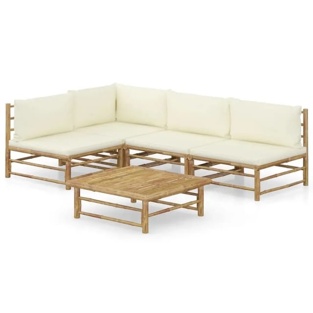 vidaXL 5-Tlg Garten-Lounge-Set mit Cremeweißen Kissen Bambus 3058241
